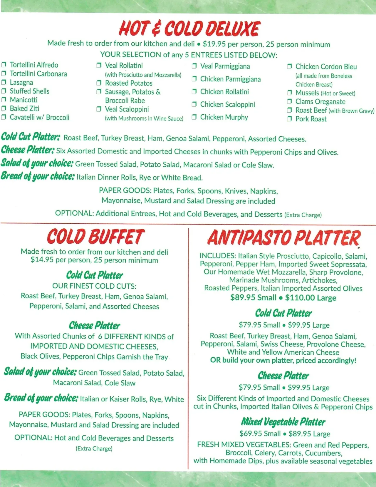 Hot & Cold Deluxe, Cold Buffet, and Antipasto Platters