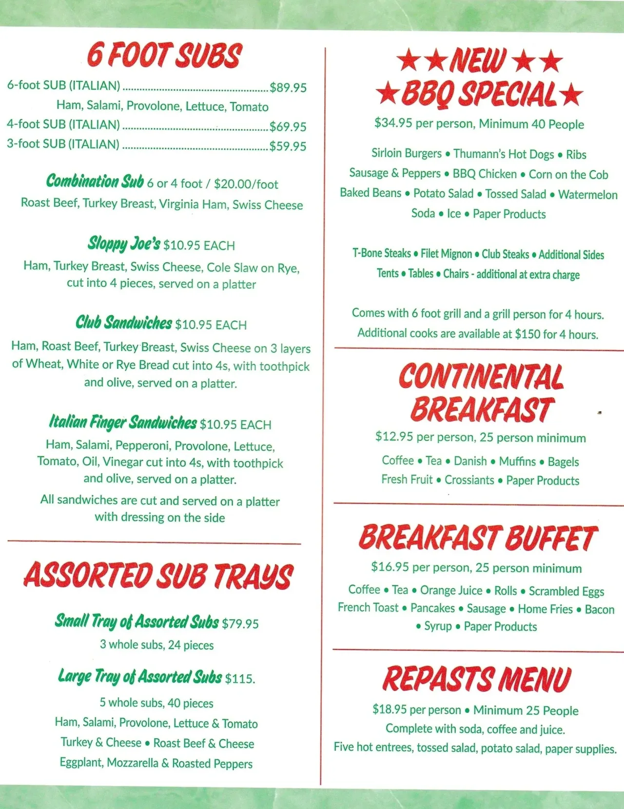 6 Foot Subs, Sandwich Platters, BBQ Special, and Breakfast Catering