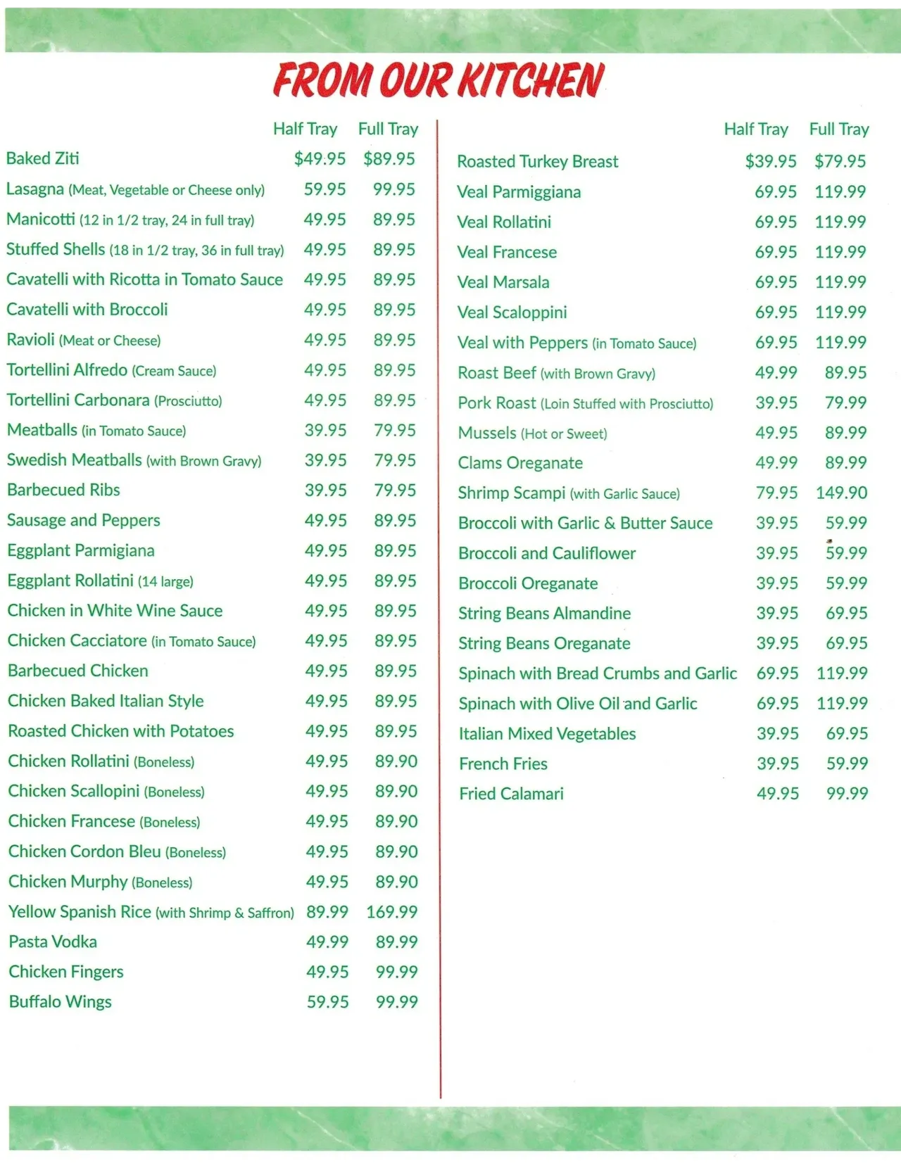From Our Kitchen - Hot Entree Trays with Half and Full Tray Pricing