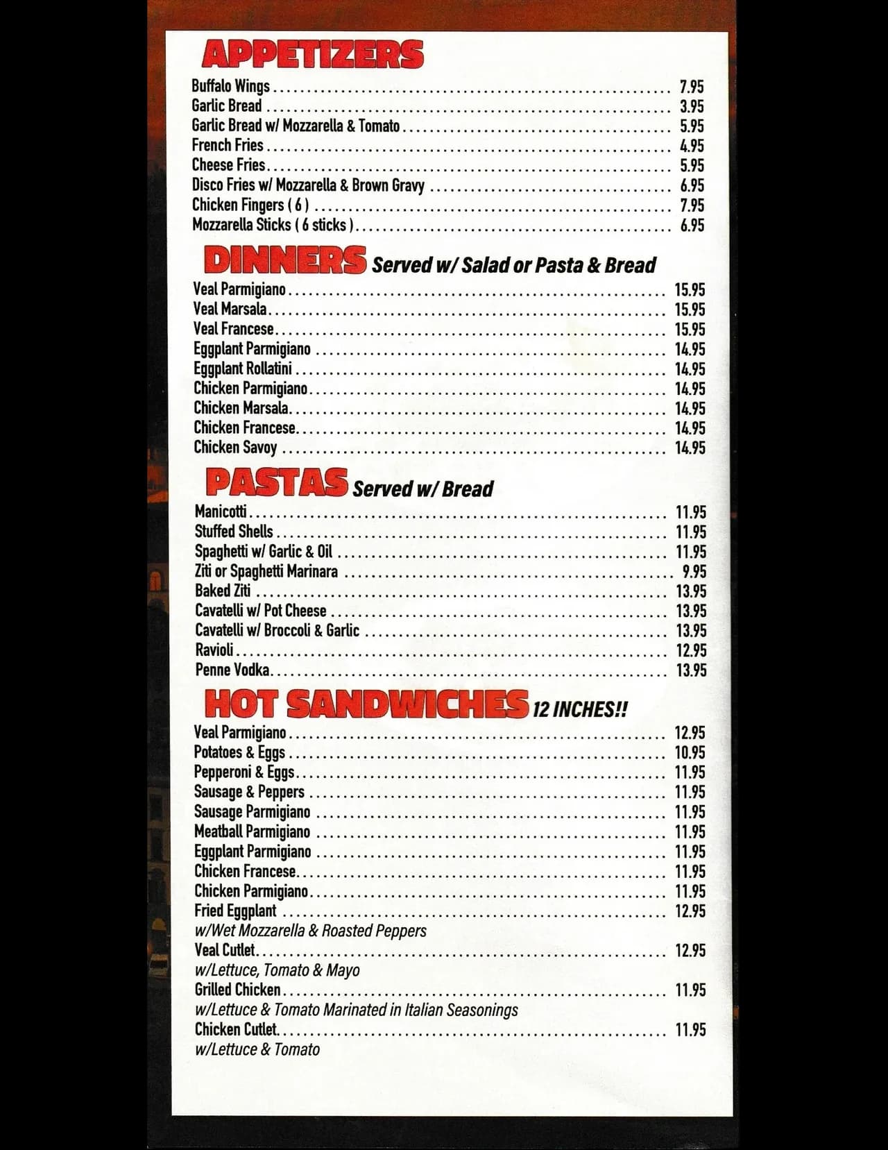 Appetizers, Dinners, Pastas, and Hot Sandwiches