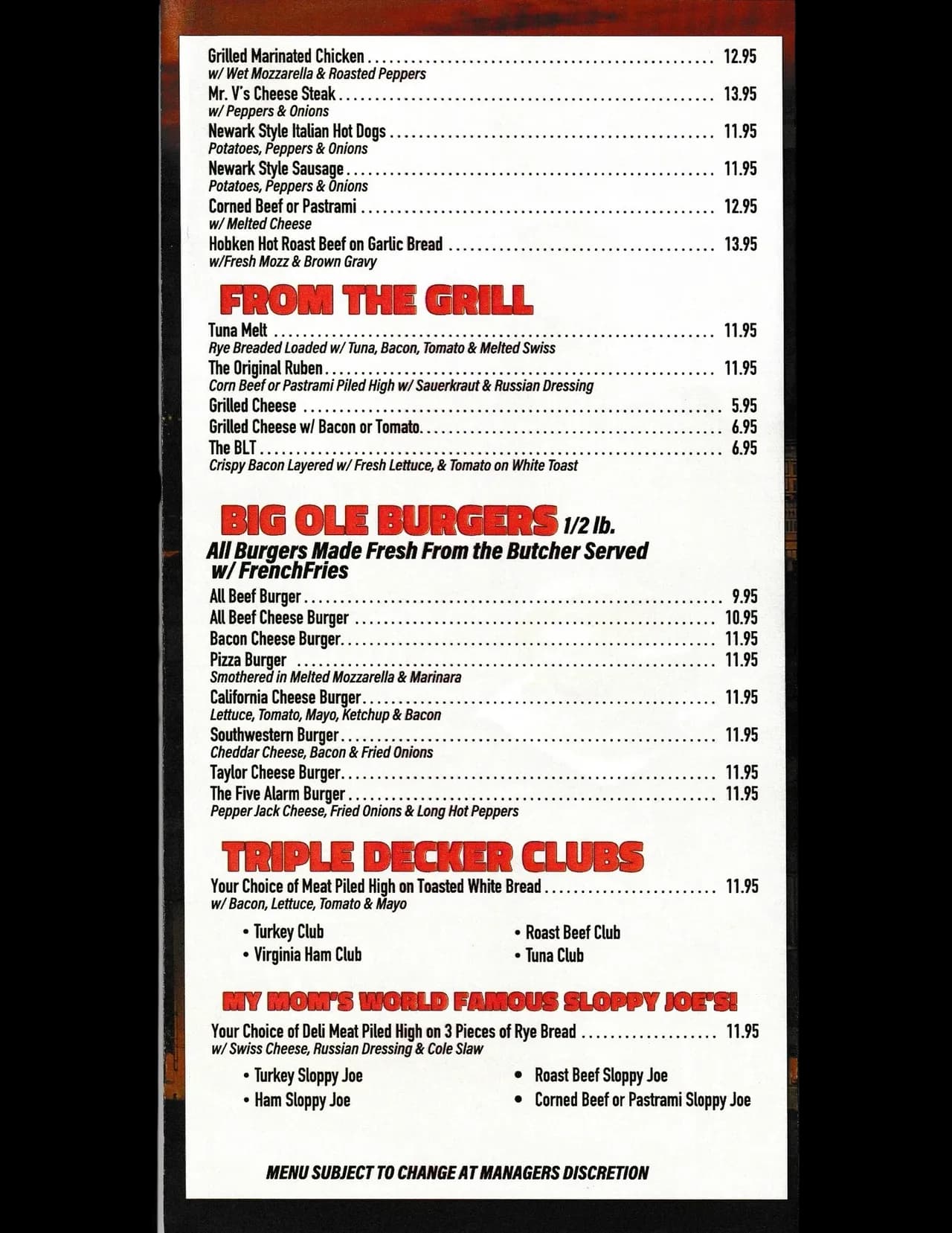 Hot Sandwiches, Grill Items, Burgers, Clubs and Sloppy Joes