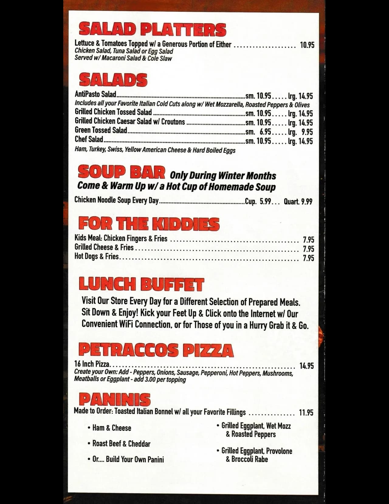 Salads, Soup, Kids Menu, Pizza, and Paninis