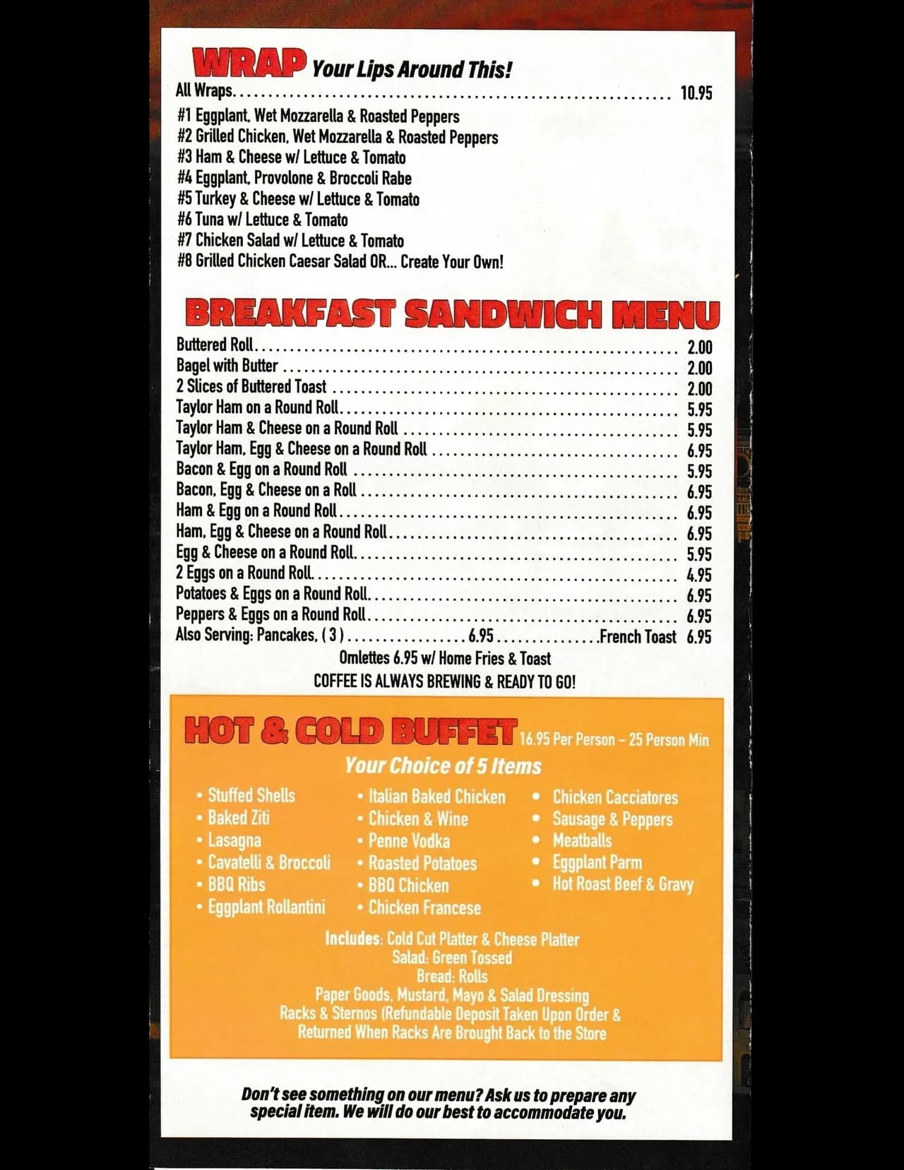Wraps, Breakfast Sandwiches, and Buffet Options